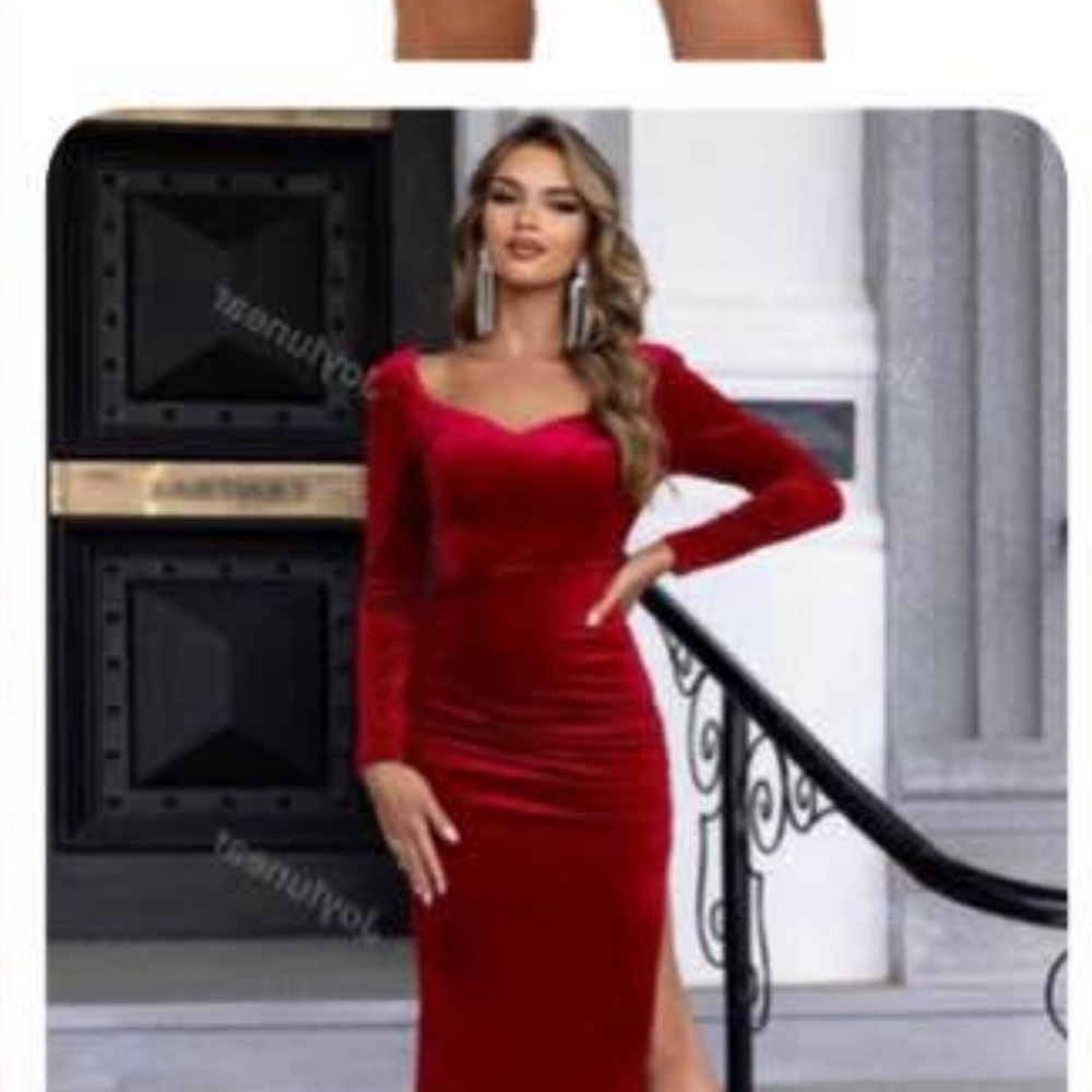 SHEIN Red Velvet Long Sleeve Dress